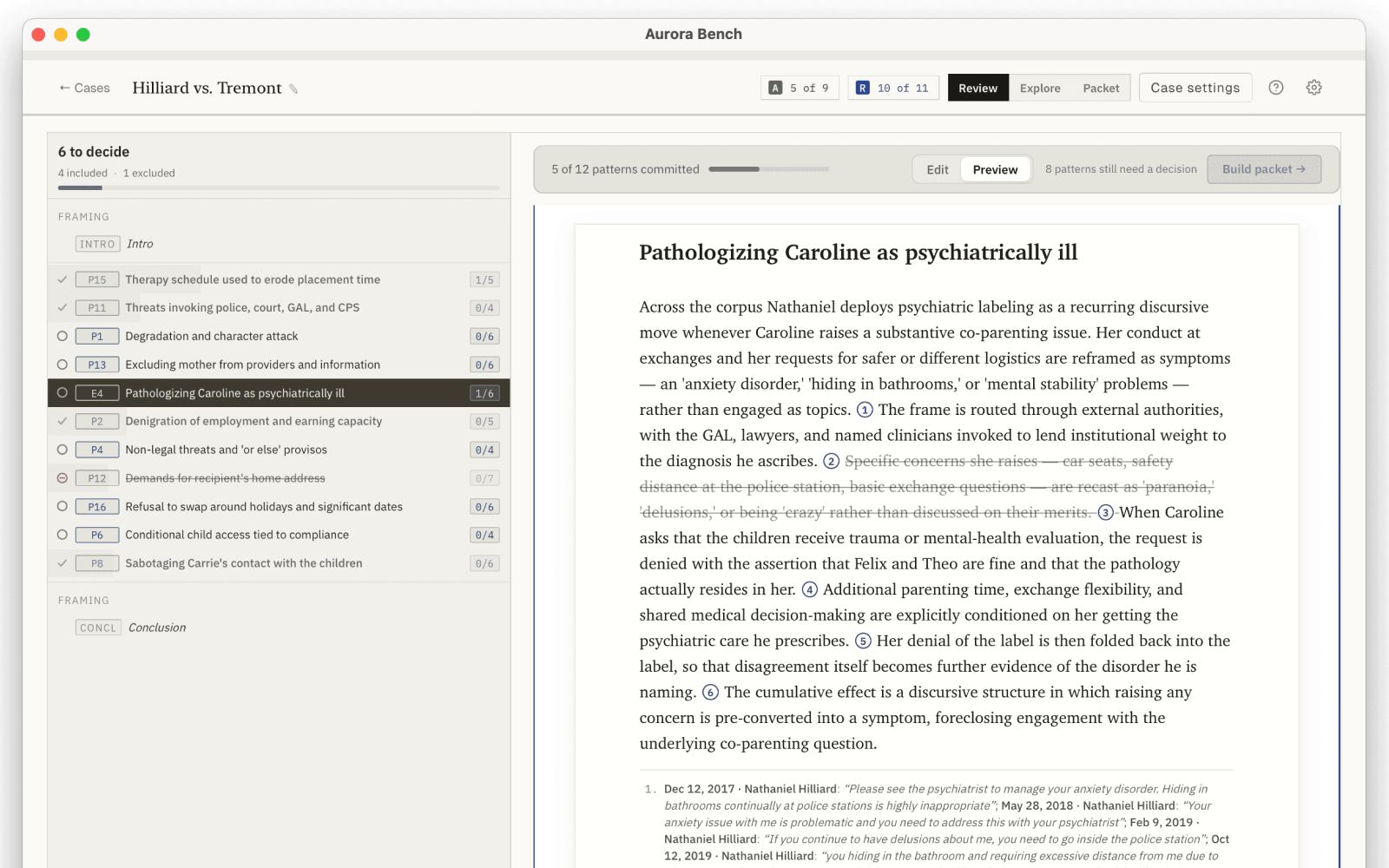 Aurora Bench in Preview: the analysis as a declaration-ready document, every sentence numbered to the messages it cites, with the quoted source text beneath.