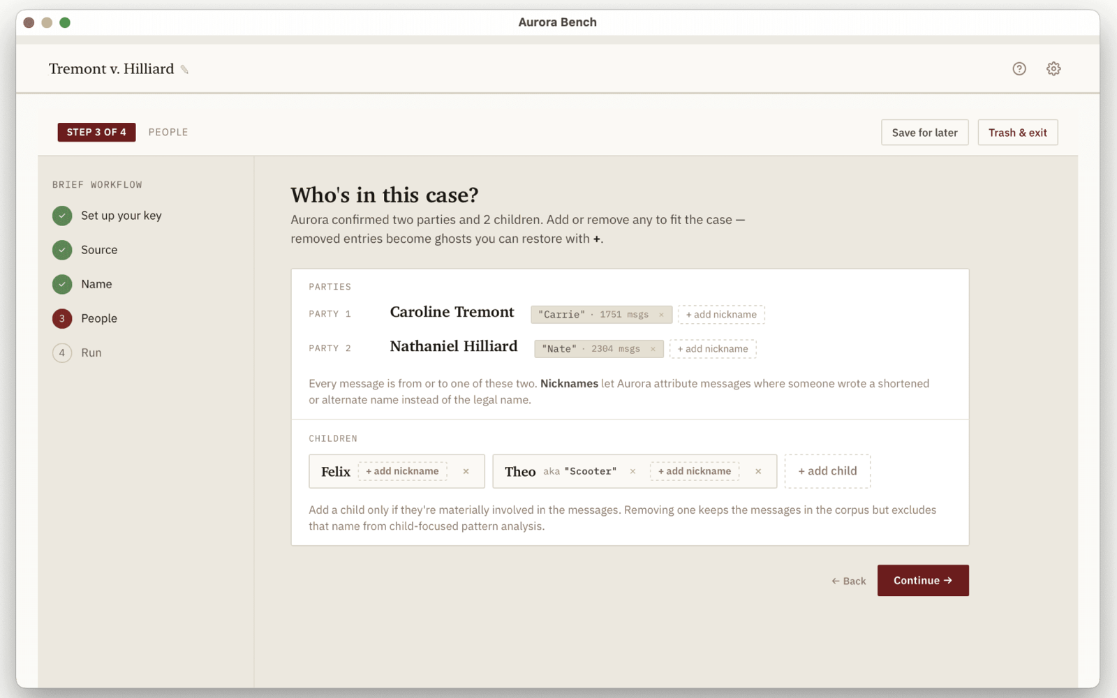 Aurora Bench import wizard, People step: a guided setup that confirms the parties and children it read from the messages before any analysis runs.